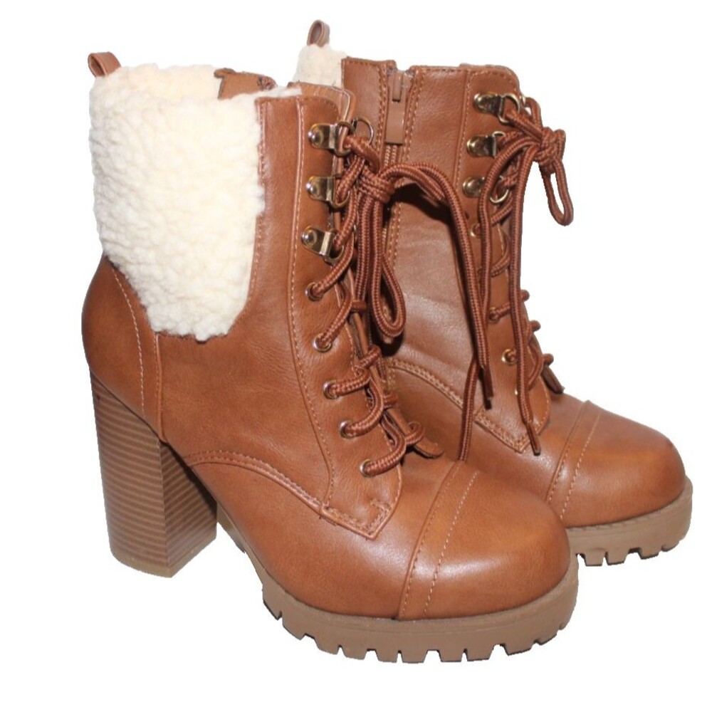 TOP MODA Women’s Brown/Ivory Leather Ankle Bootie Lace Up Lined Zip 7